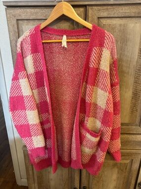 debut Pink and Cream Plaid Open Cardigan